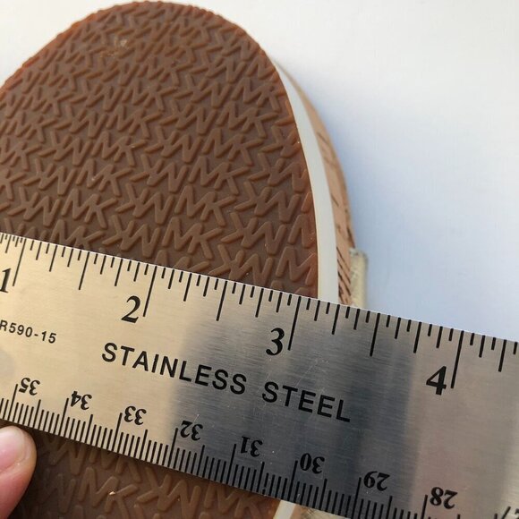 Michael Kors MK Warren Leather Platform Cork Slide Sandals Gold Logo Plate 10M - Picture 16 of 16